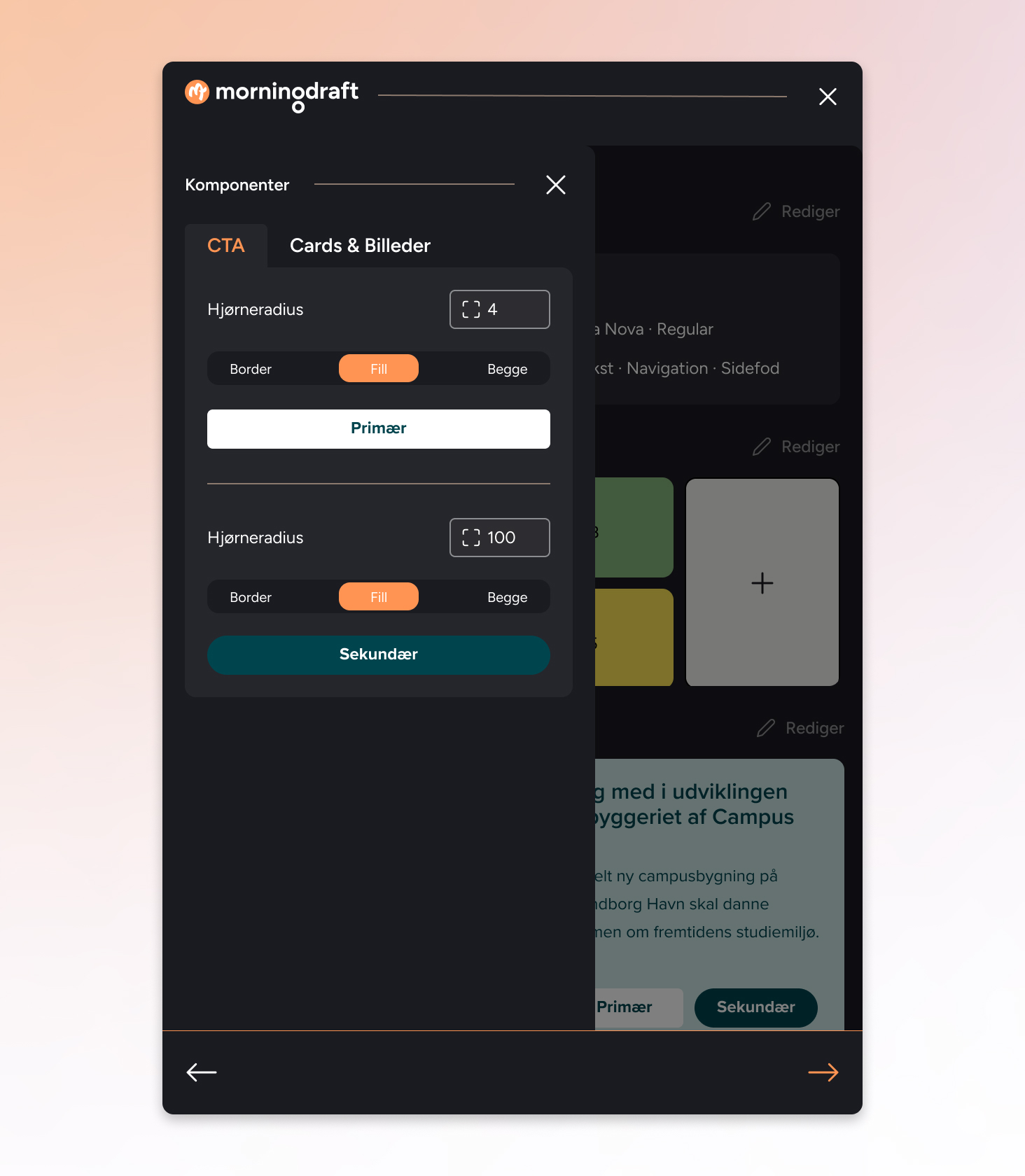Morningdraft komponentindstillinger for CTA og cards