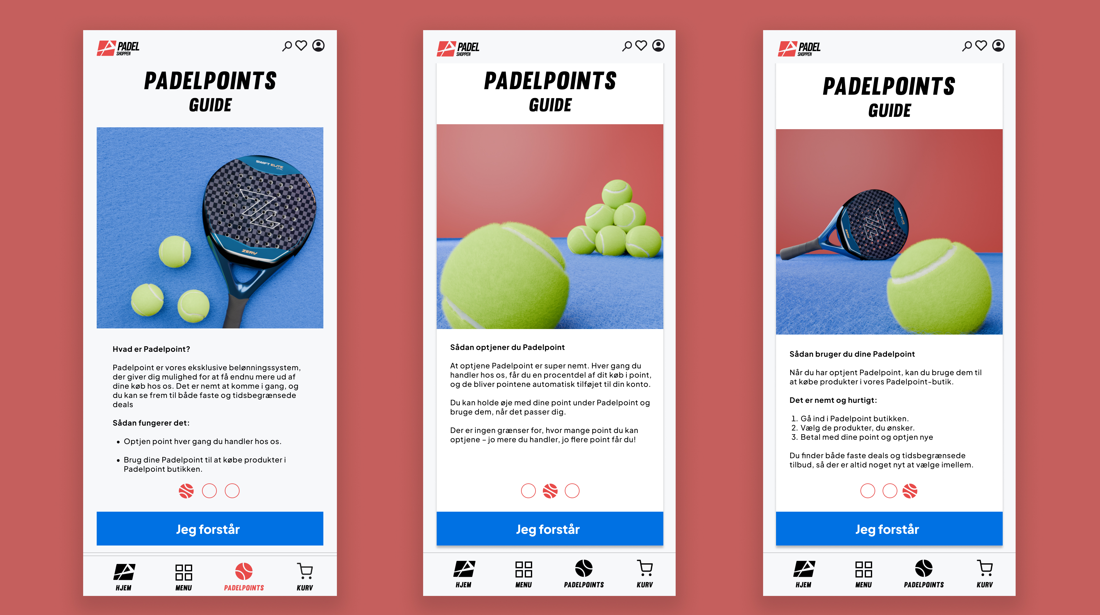Tre skærme fra Padelpoints-guiden, der forklarer hvordan point optjenes og bruges