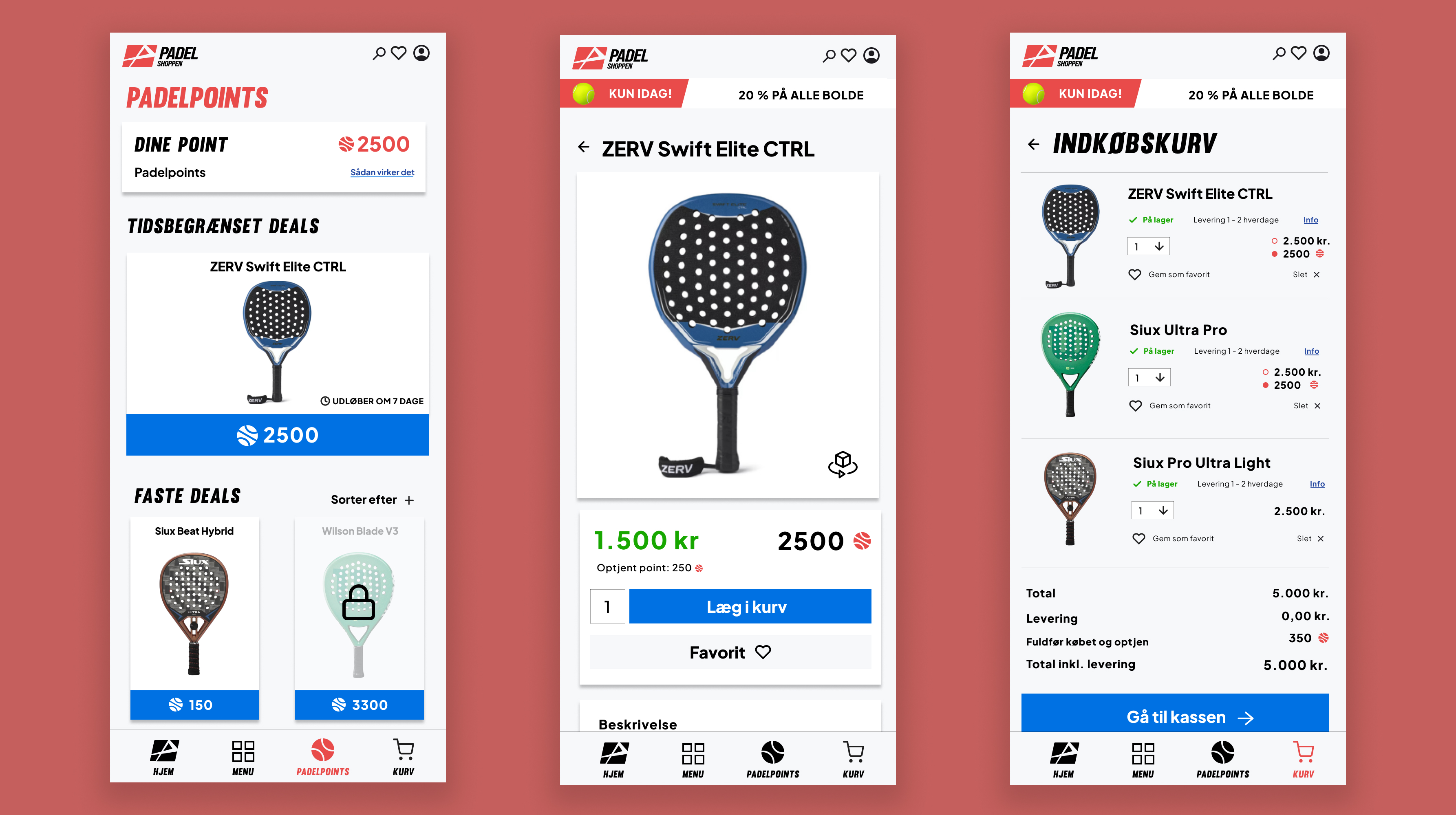 Padelpoints-flow med pointoversigt, pointbutik, produktside og kurv