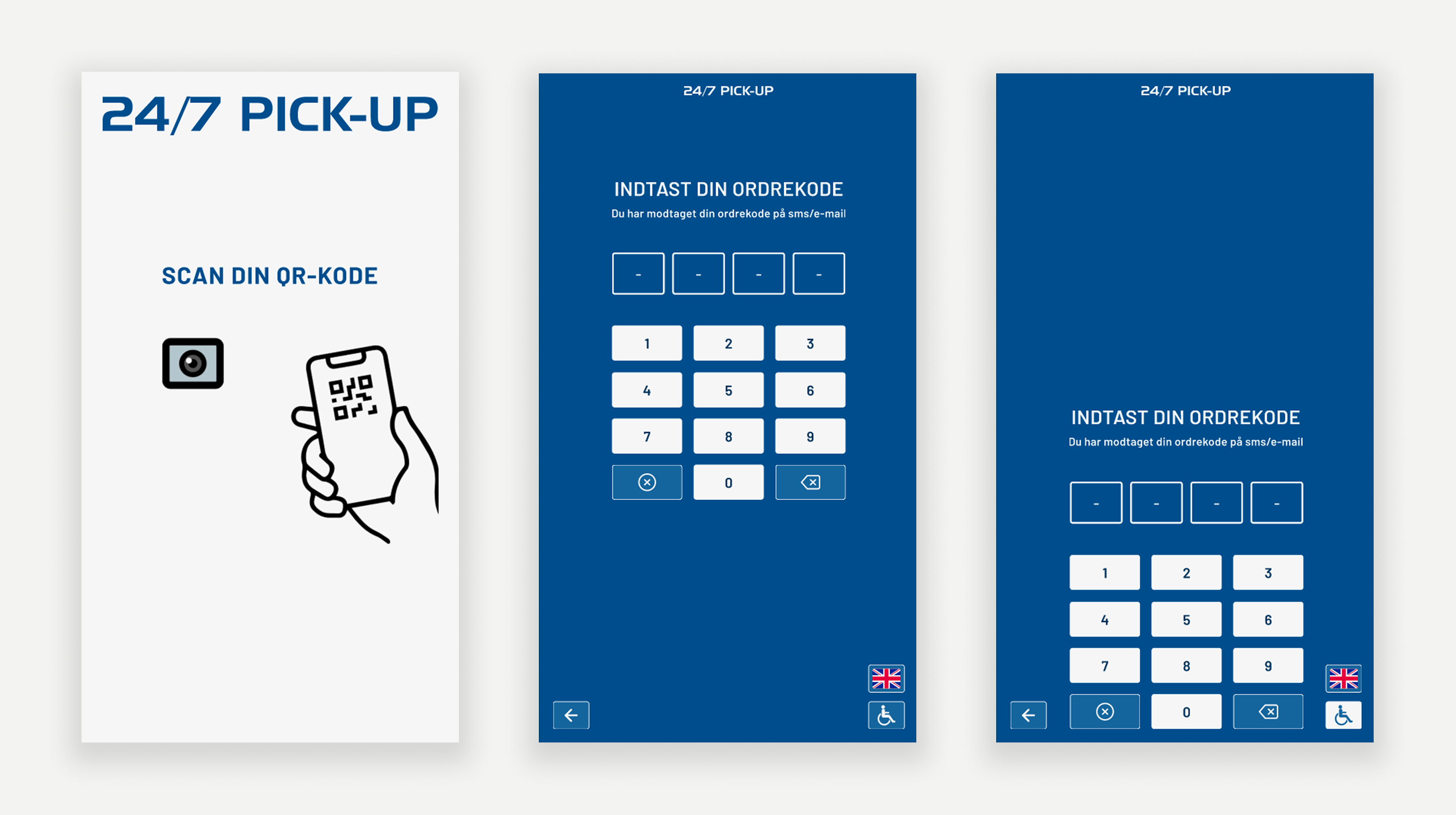Mockup af 24/7 PICK-UP identifikation med QR-kode eller firecifret kode